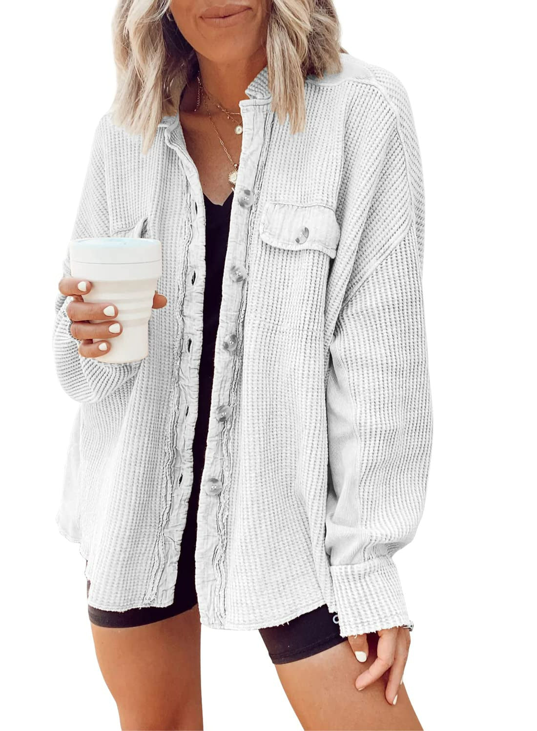 Streetwave Womens Oversized Waffle Knit Shirt Jacket Breathable Comfort Versatile Layering