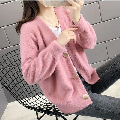 Street-wave Fluffy Knit Cardigan For Women With Elegant Button Details, Cozy Soft Warmth
