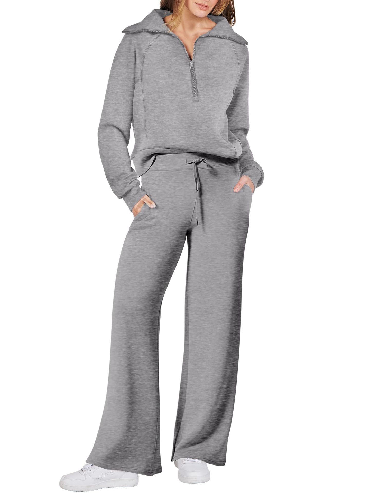 Street-wave Women’s Cozy Two Piece Set With Zip Front And Pockets Casual Loungewear For Home