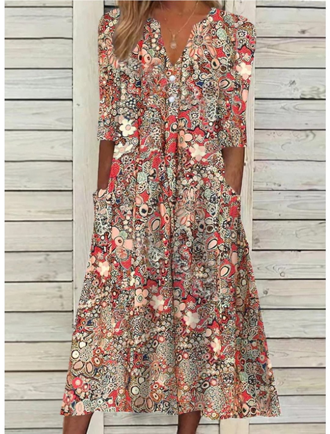 Street-Wave Floral Midi Dress With Pockets For Women V Neck Button Front Lightweight Boho Chic