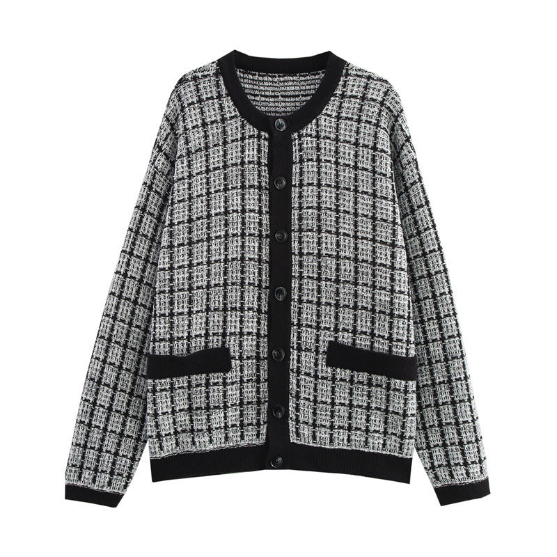 Street-wave Women Cardigan in Classic Plaid Knit Pattern, Elegant Cozy Knitwear For Work Or Weekend