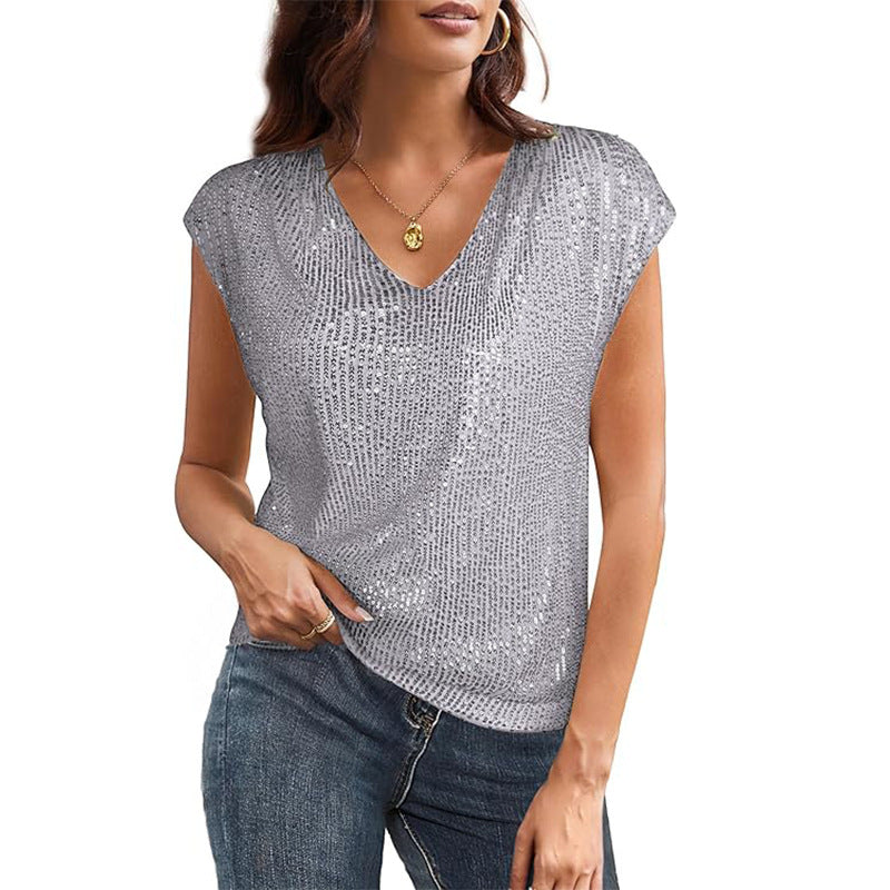 Street Wave Sparkly V Neck Top For Women Shine Glow