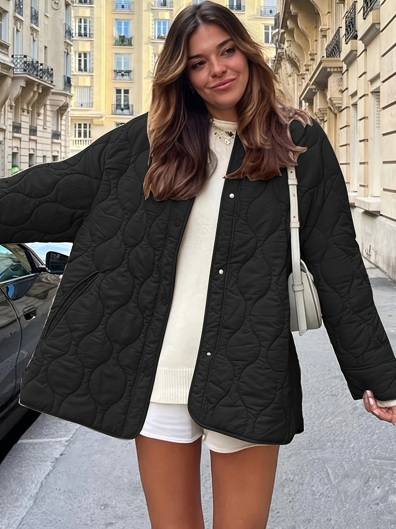 Streetwave Women Quilted Jacket With Large Pockets Round Neck Cozy Everyday Coat
