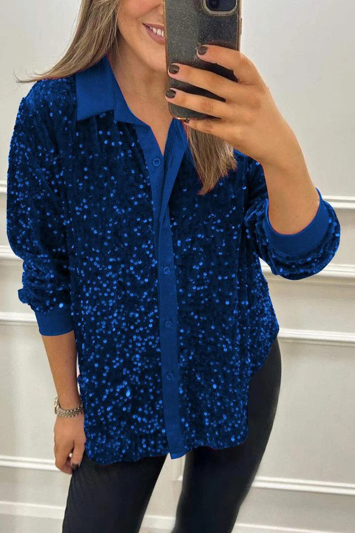 Street-Wave Womens Sequin Blouse With Classic Collar Sparkling Evening Glamour Top