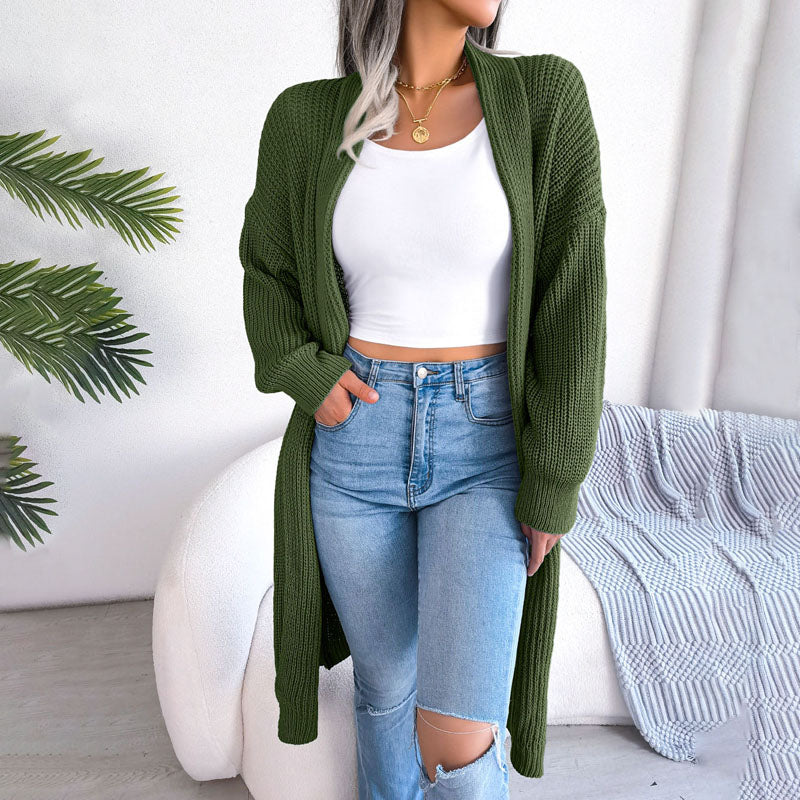 Street-wave Solid Knit Cardigan for Elegant Women With Wrap Collar Cotton Acrylic Blend Long Sleeve All Season
