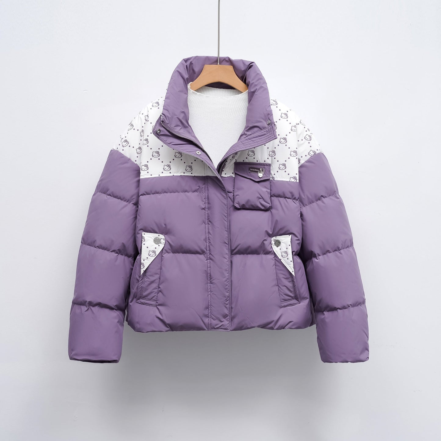 Streetwave Womens Puffer Jacket With High Collar And Hello Kitty Pattern Cozy Lined Winter Coat