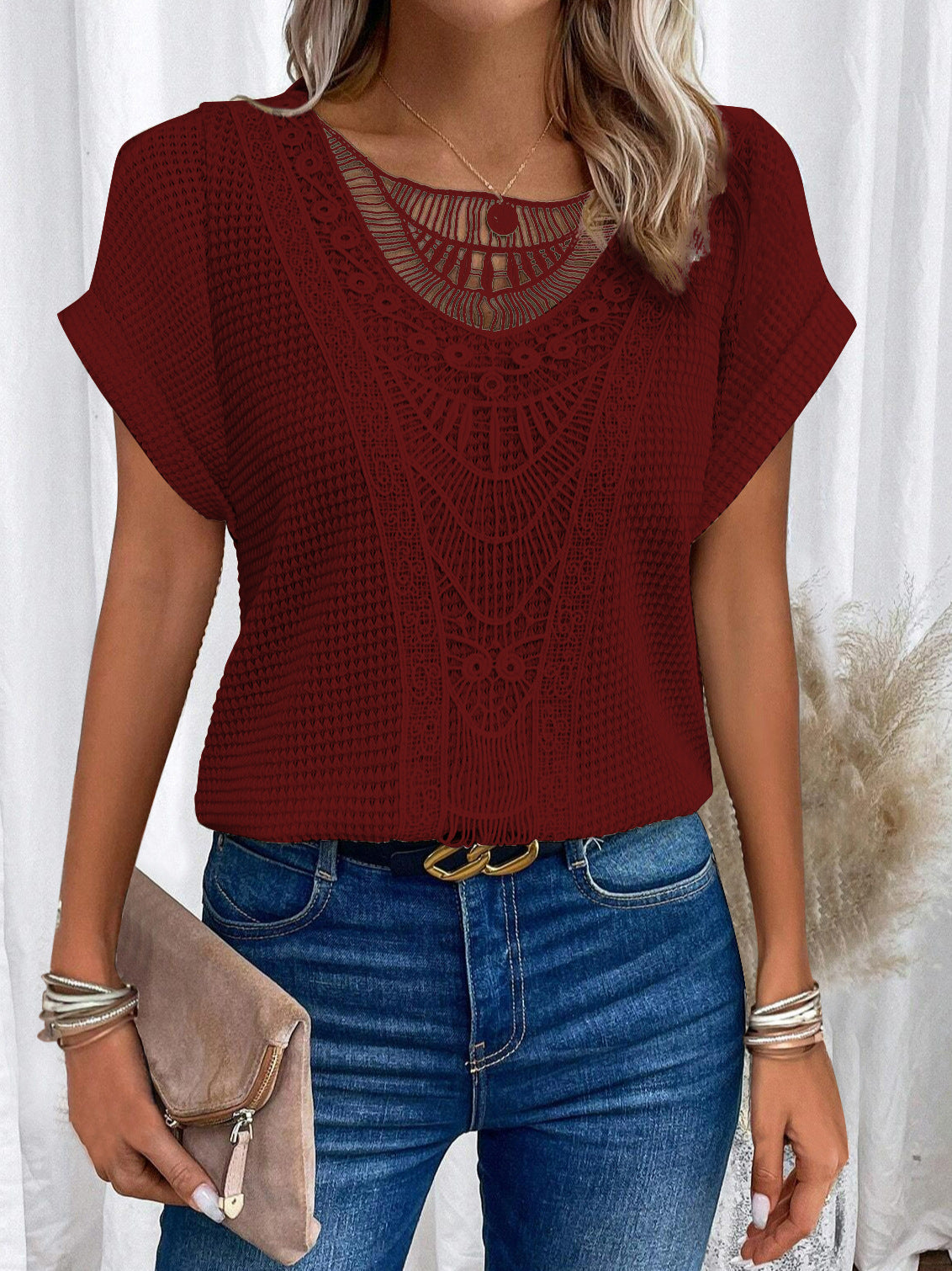 Womens Black Crochet Lace Top With Intricate Pattern And Relaxed Fit Street Wave