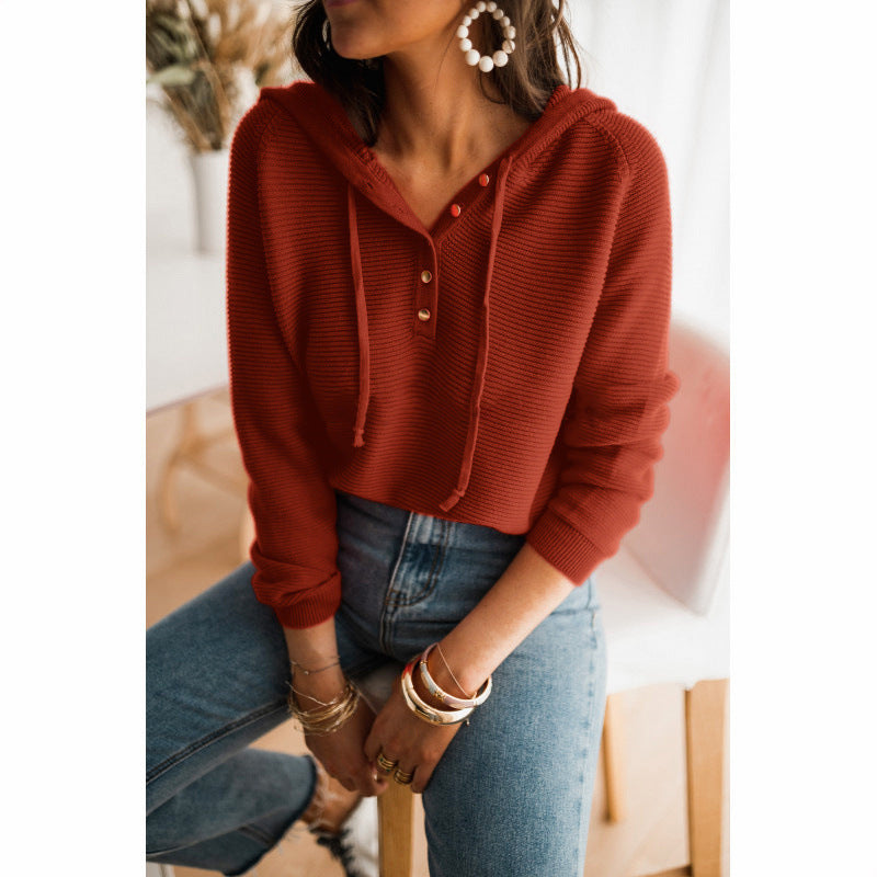 Streetwave Womens Hooded Pullover With Button Front And High Collar Soft Knit Fabric For All Day Comfort