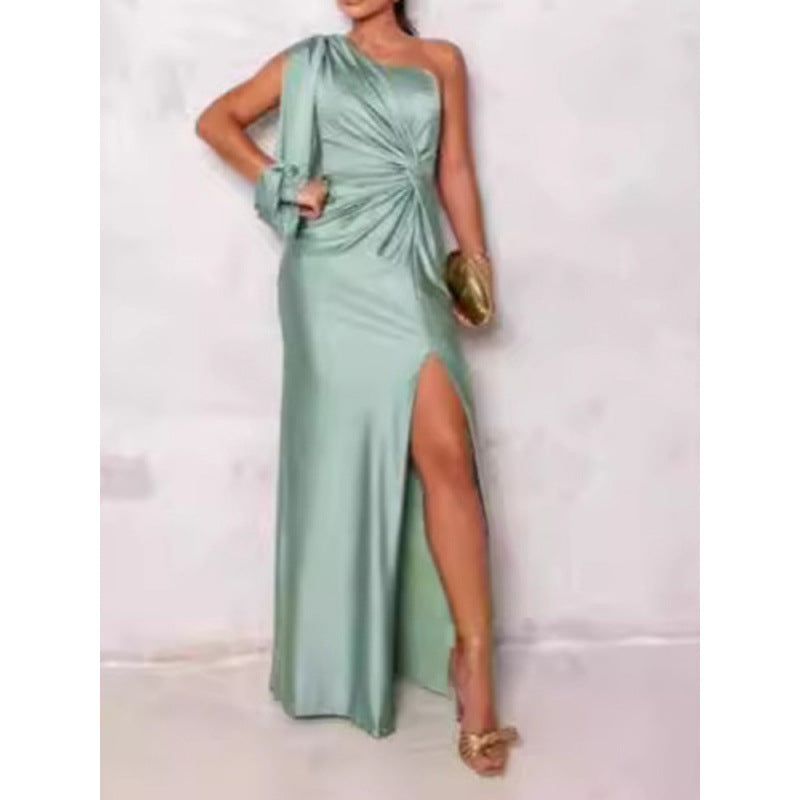 Street Wave Satin One Shoulder Maxi Dress For Women With Slim Fit And High Slit