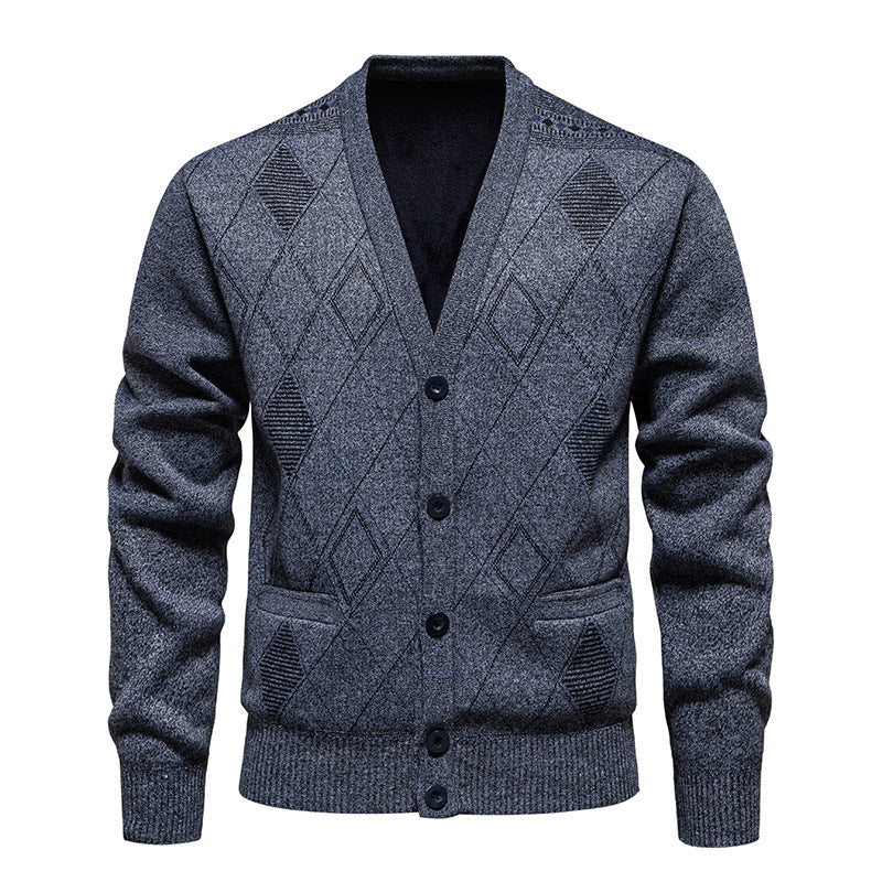 Street-wave Mens Cardigan With V Neck And Structured Diamond Knit For Everyday Style And Premium Comfort