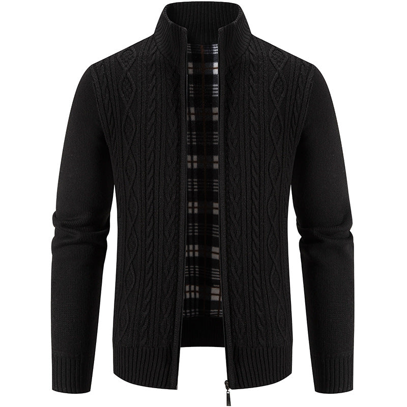 Street-wave Men's Knit Cardigan With High Collar And Textured Pattern For Smart Casual Wear
