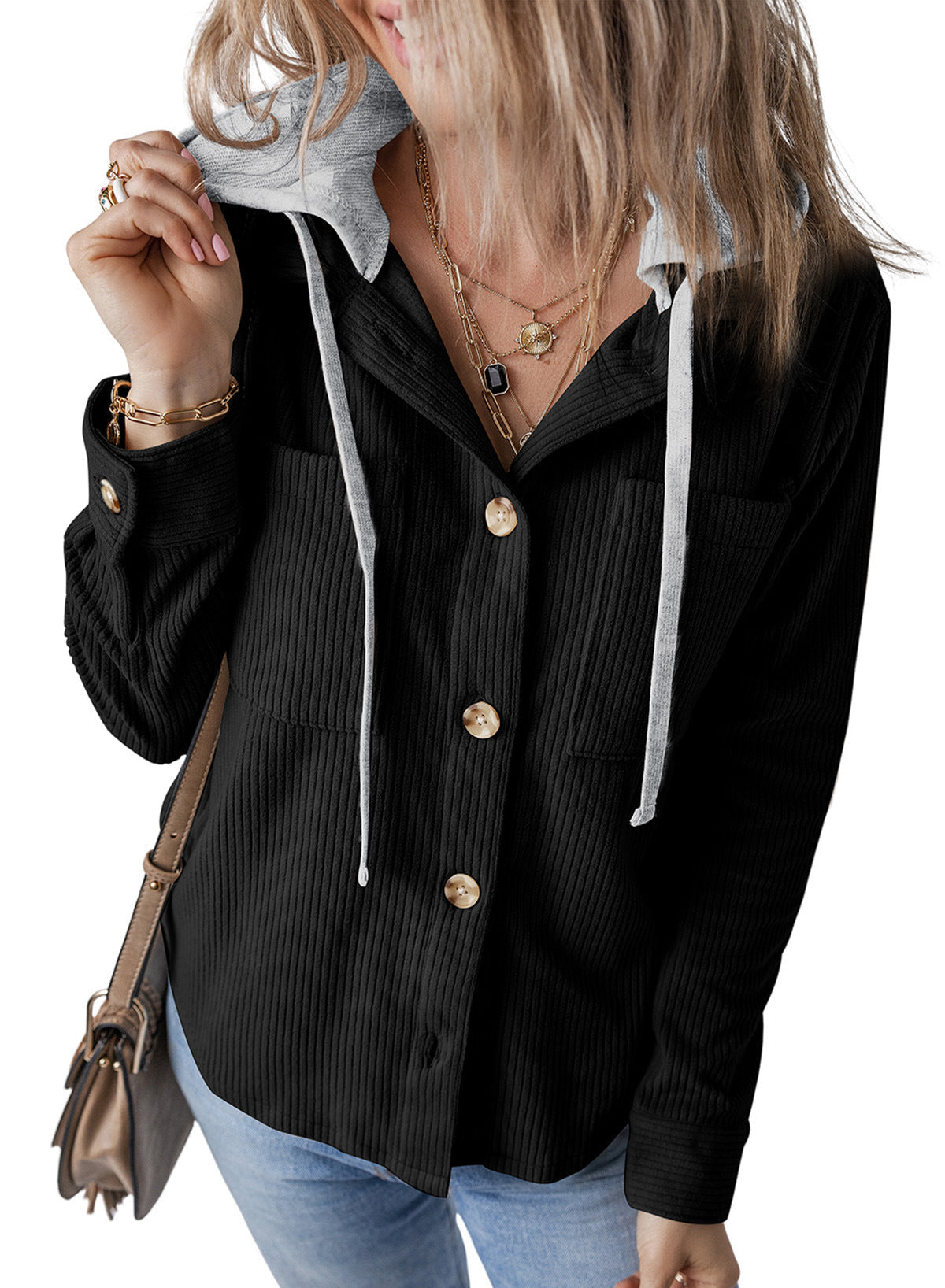 Streetwave Womens Ribbed Shirt Jacket With Hood Casual Chic Outerwear For Everyday Style