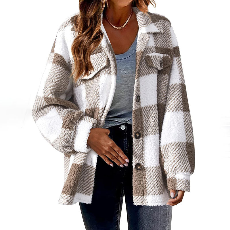 Street-wave Cozy Pink Plaid Coat For Women All Season Warmth With Button Front And Soft Cotton Poly