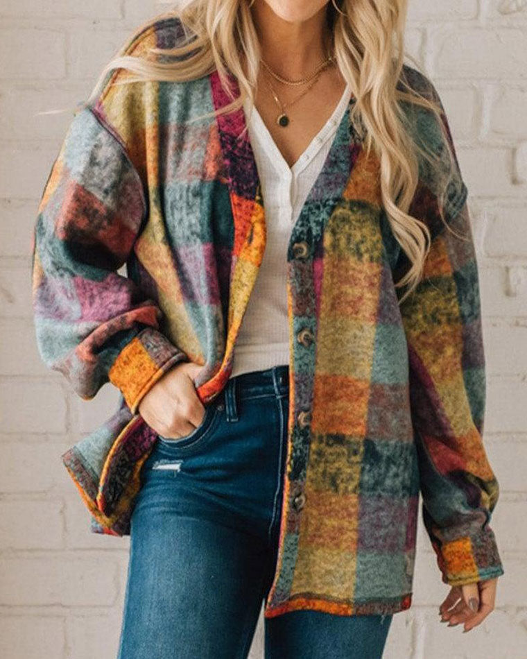 Street-wave Multicolor Plaid Collarless Jacket Bold Cozy Streetwear for Women Everyday Fashion
