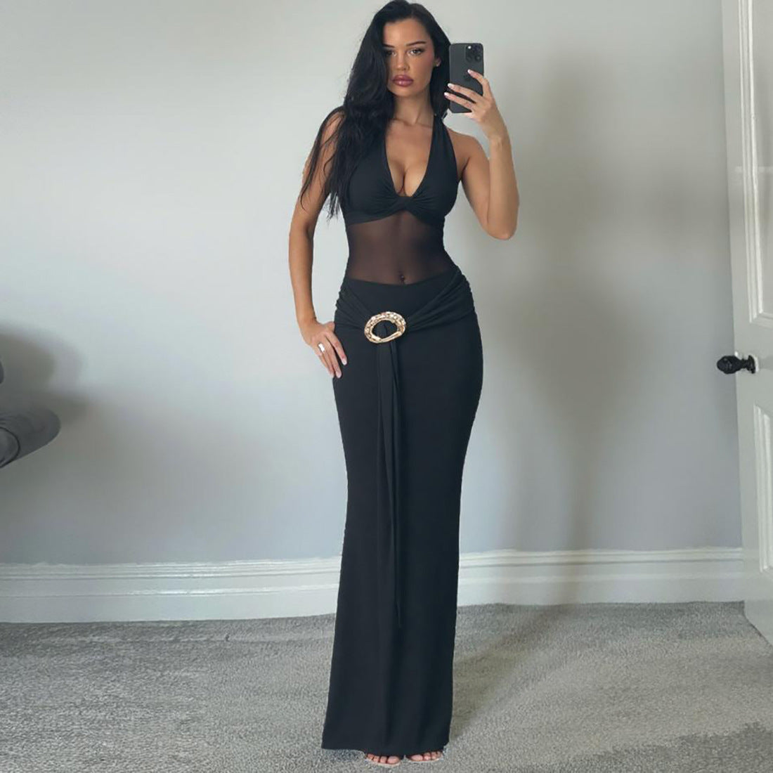 Maxi Wrap Dress With Sheer Mesh Detail By Street-wave For Women Elegant Belt Buckle Evening Gown