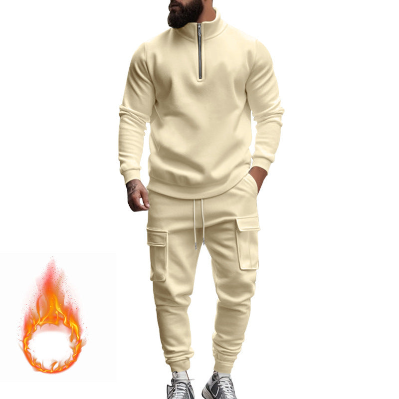 Street-wave Men's Fleece Set With Zip Front Hoodie And Cargo Joggers For Active Comfort
