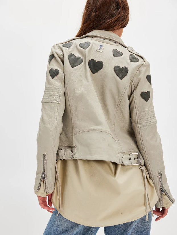 Street-wave Womens Faux Leather Jacket With Heart Appliques For Fashion Forward Fans