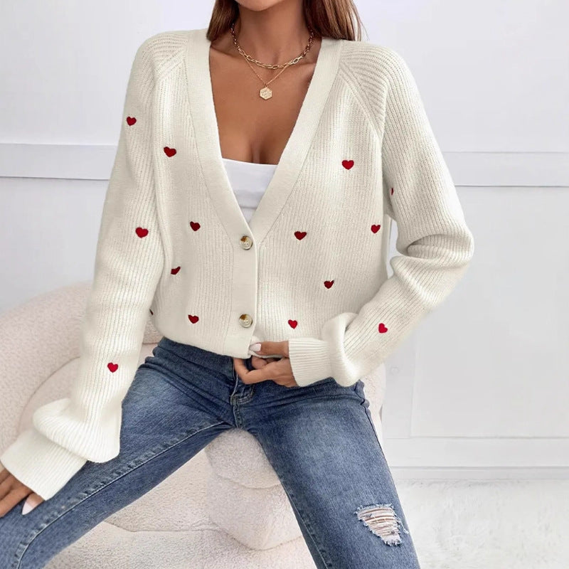 Womens Cardigan Cozy Knit With Heart Motif And Soft Cotton Blend Street Wave Casual Everyday Wear