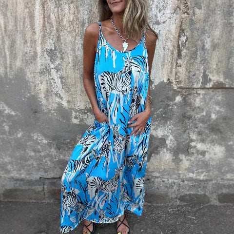 Street Wave Women's Maxi Dress Tiger Print Breathable Pockets Adjustable Straps