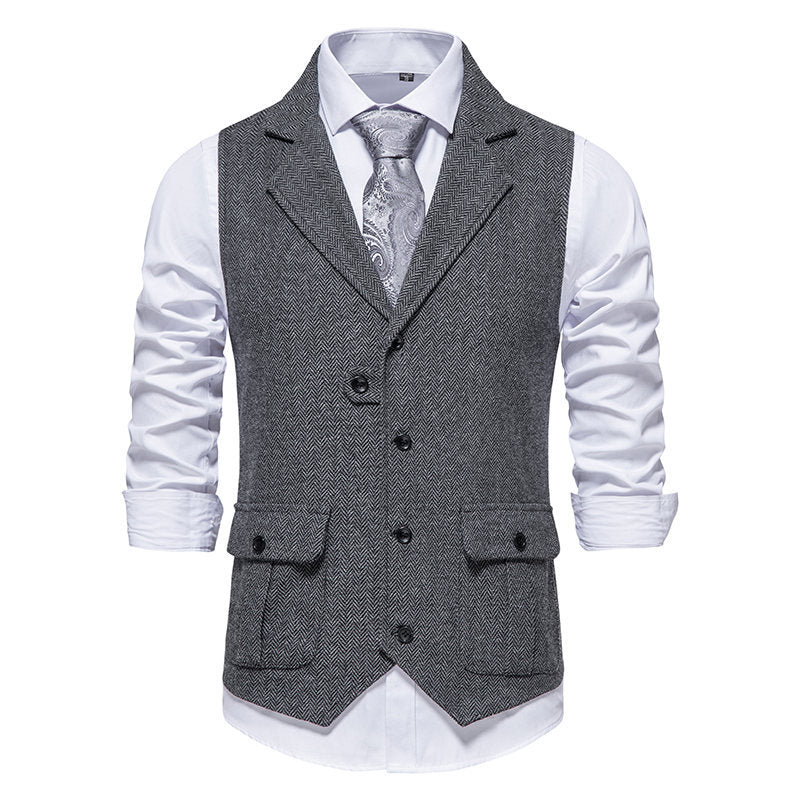 Street Wave Men's Herringbone Suit Vest With Practical Pockets Modern Formal Waistcoat for Gents