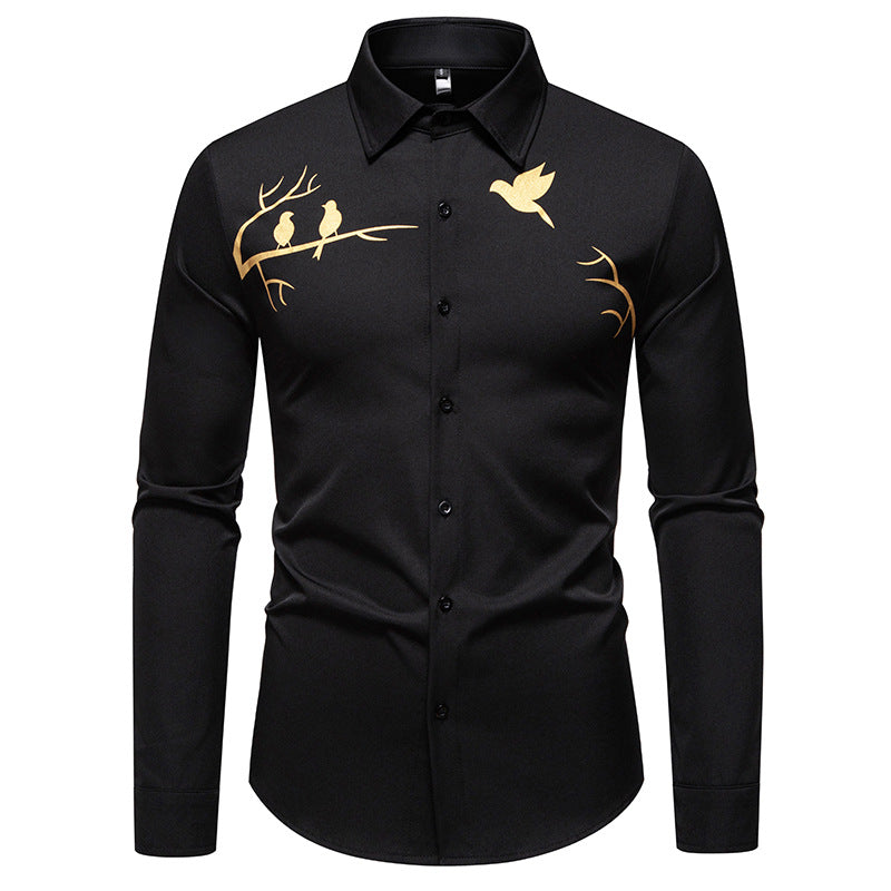 Street-Wave Men's Long Sleeve Shirt With Artful Bird Motif For Modern Professionals Breathable Comfort