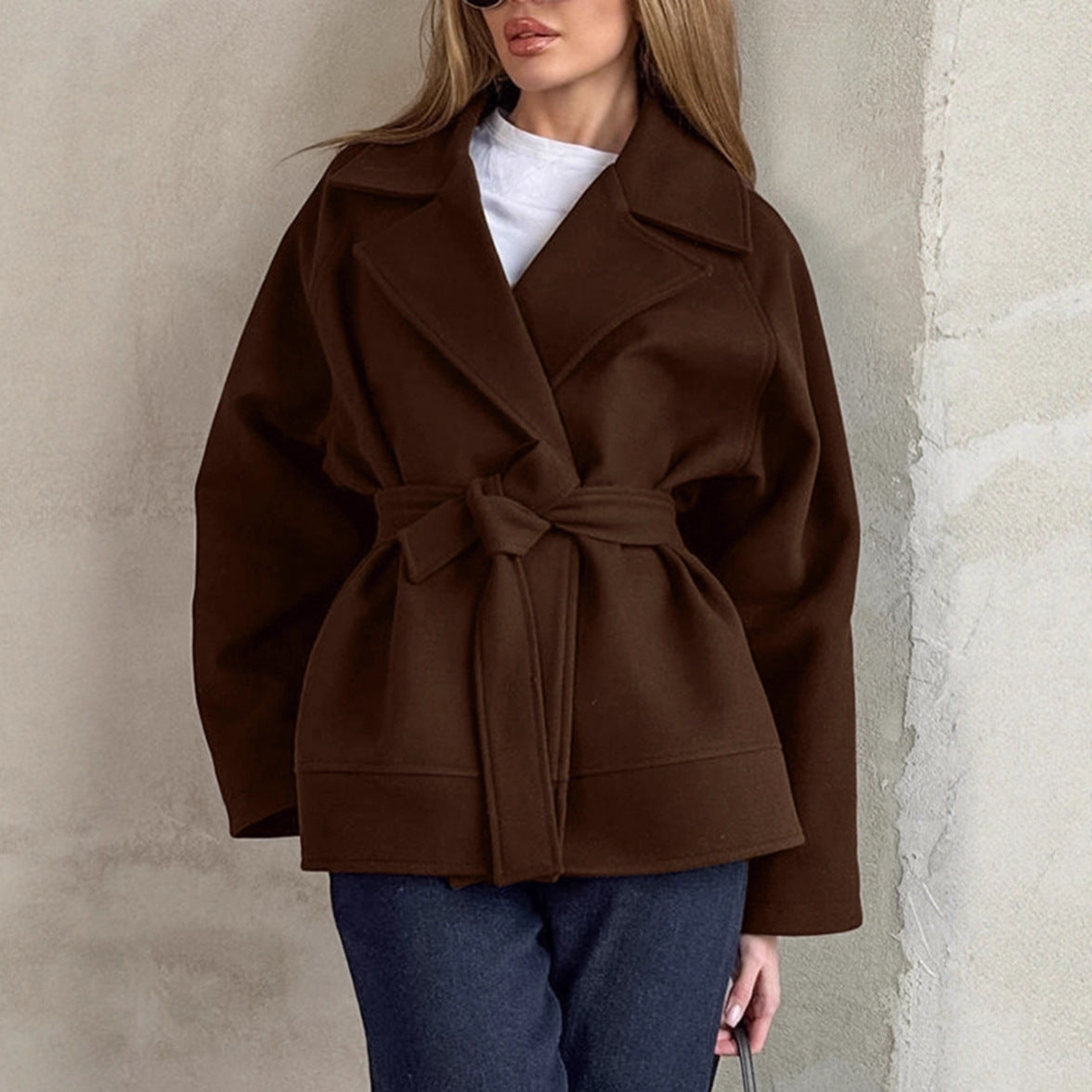 Street-wave Elegant Belted Wrap Coat For Women With Relaxed Fit And Breathable Fabric