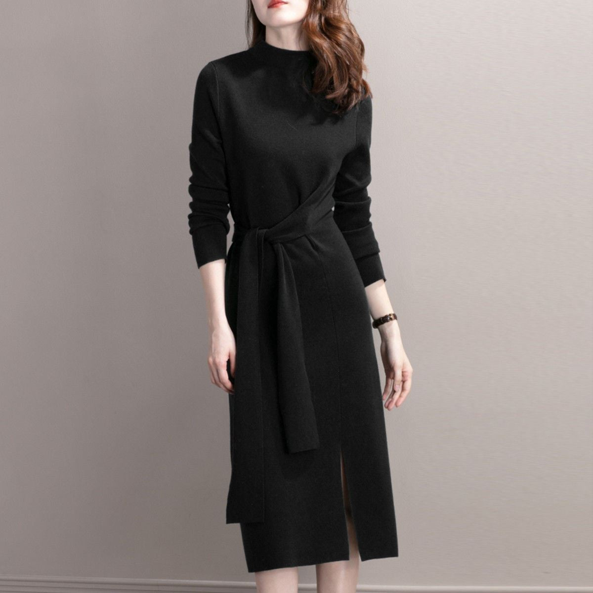 Street Wave Elegant Knit Dress With Side Slit And Belted Waist For Women Timeless Versatile And Breathable