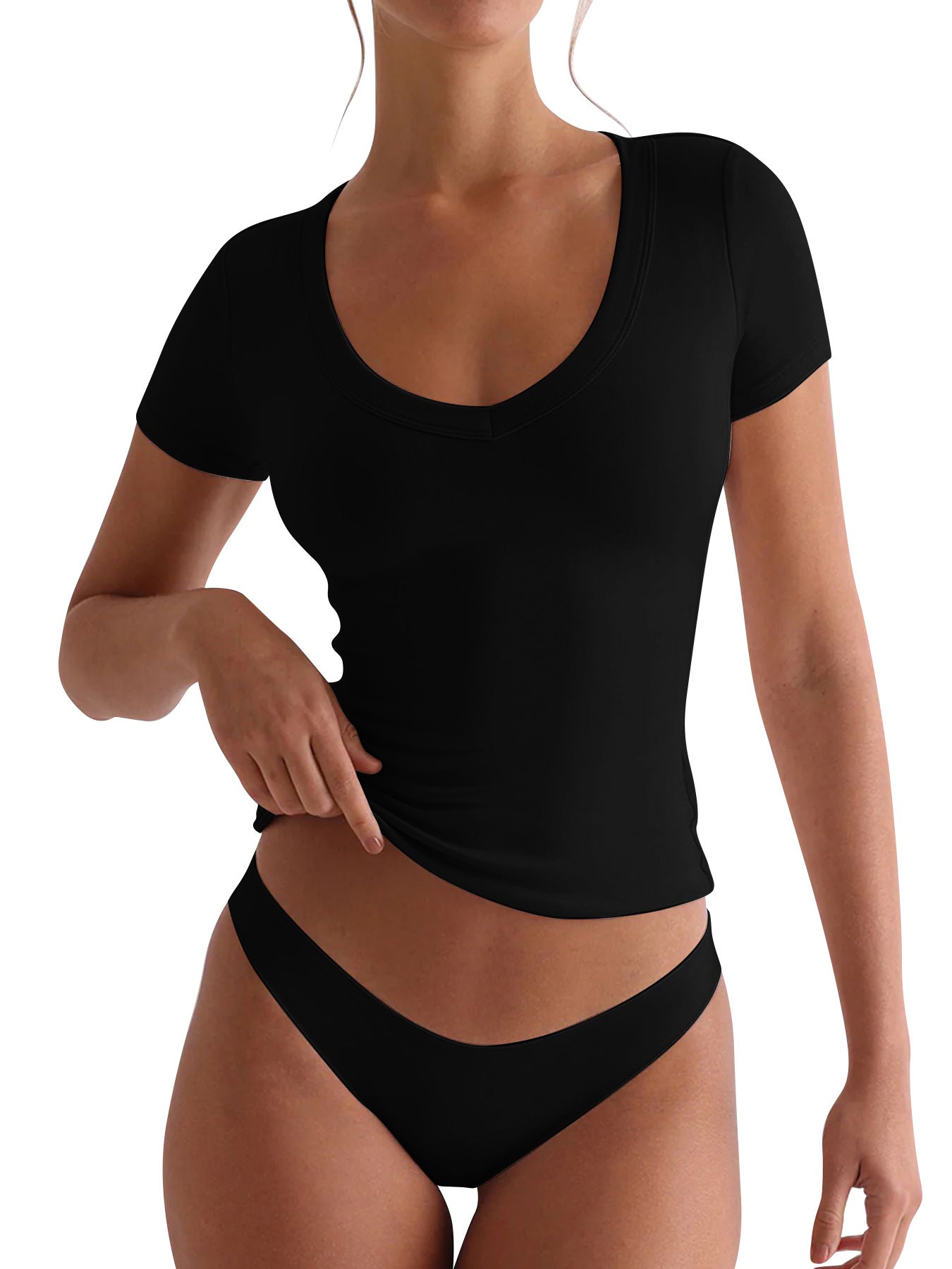 Street-wave Women's Fitted V-Neck T-Shirt Short Sleeves With Figure-Flattering Fit