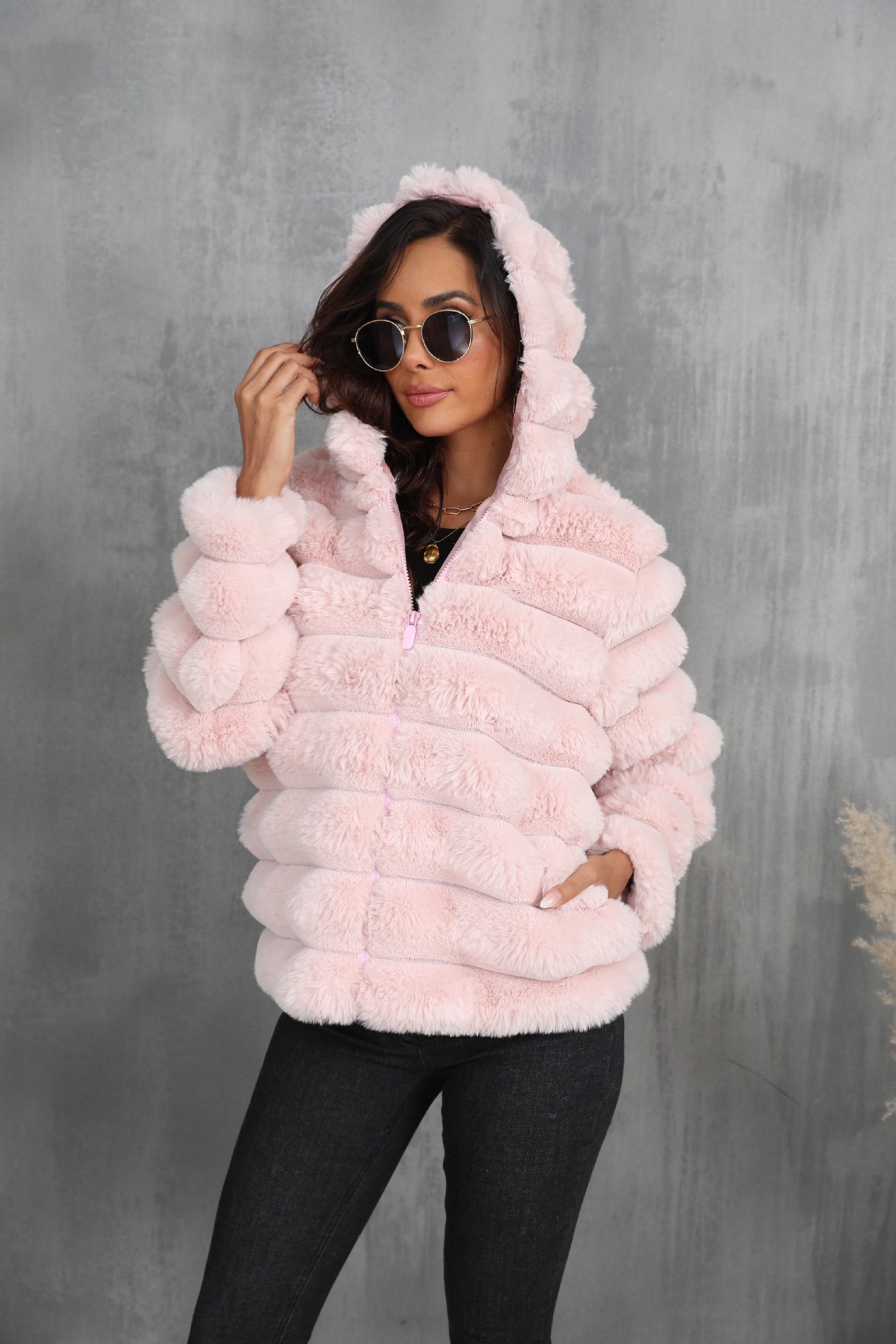 Streetwave Womens Faux Fur Hoodie Jacket With Structured Pattern For Cold Days Warm And Cozy