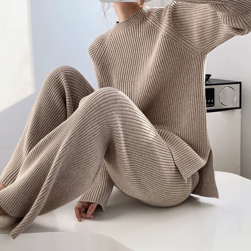Street-wave Cozy Women Ribbed Knit Set for Lounge and Everyday Comfort With Soft Warmth