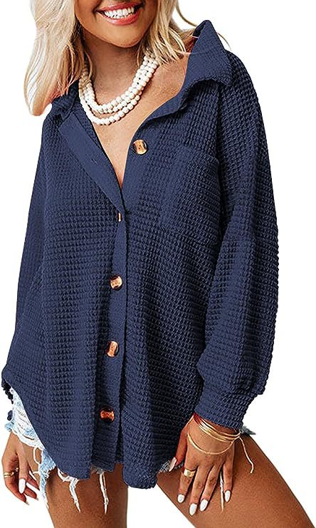 Street Wave Waffle Knit Shirt Jacket Women Oversized Casual Button Front Cozy Chic Everyday Layering