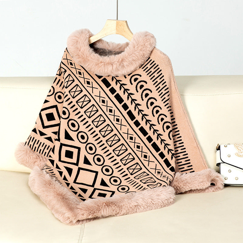 Poncho By Streetwave Womens Cozy Geometric Knit With Luxurious Faux Fur Collar Warmth