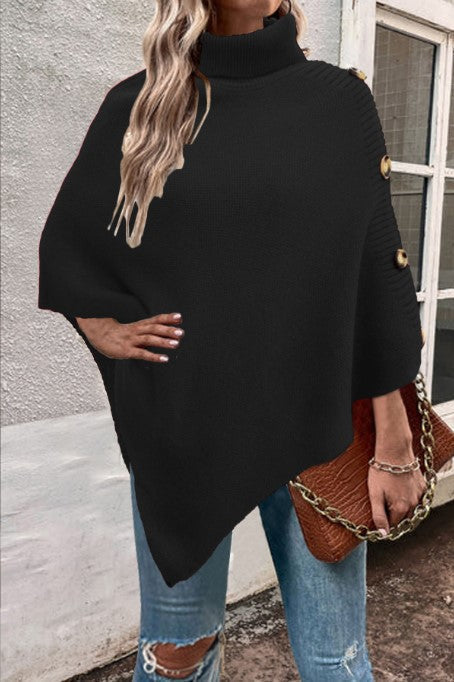 Women's Knit Poncho With High Collar And Button Details By Street-wave Cozy Chic For Women