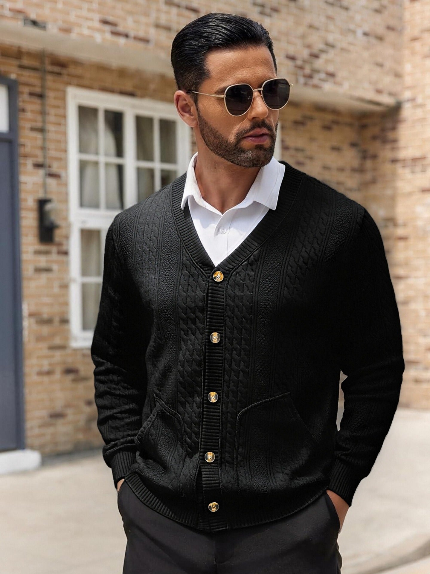 Street Wave Mens Knit Cardigan With Practical Pockets And Unique Textured Finish