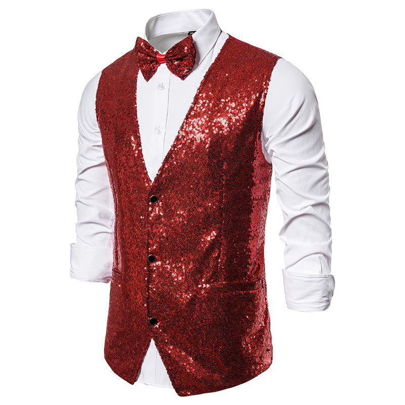 Street-wave Men's Glitter Sequin Festive Vest With Bow Tie Glamorous Partywear For Men