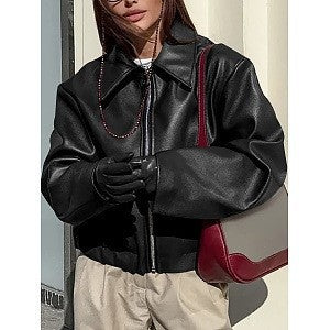 Faux Leather Jacket For Women Oversized Fit Streetwave Classic Collar Chic Versatile