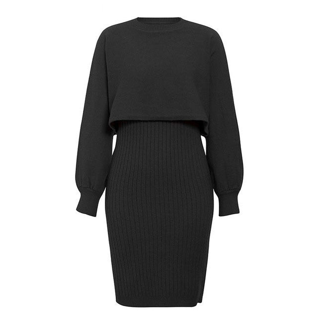 Street-Wave Women Knit Midi Dress With Cropped Sweater Top And Ribbed Texture For Everyday Chic