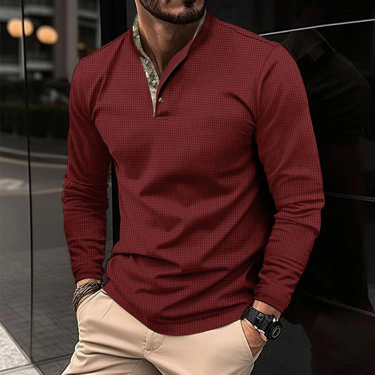 Streetwave Mens Long Sleeve Shirt With Modern Stand Collar For Smart Casual Wear Breathable Comfort