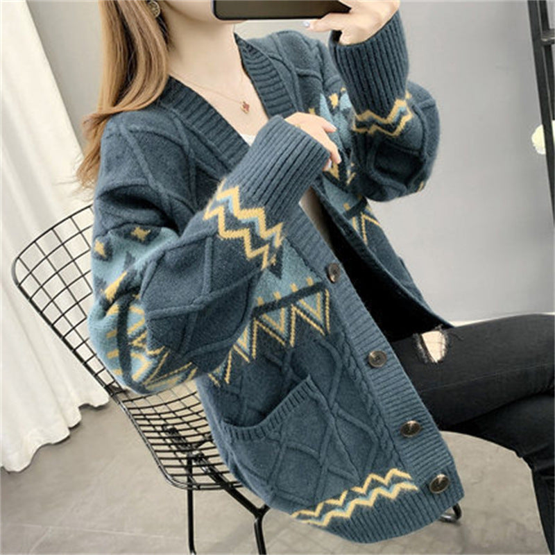 Streetwave Women's Cable Knit Cardigan With Geometric Pattern For Cozy Everyday Wear