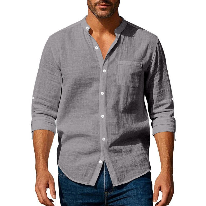 Street-Wave Men Linen Shirt With Mandarin Collar And Chest Pocket Breathable Everyday Comfort