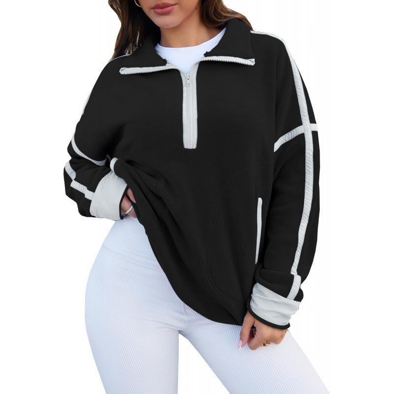 Street-wave Womens Fleece Pullover Half Zip With Contrast Sleeves For Cozy Warmth And Everyday Comfort