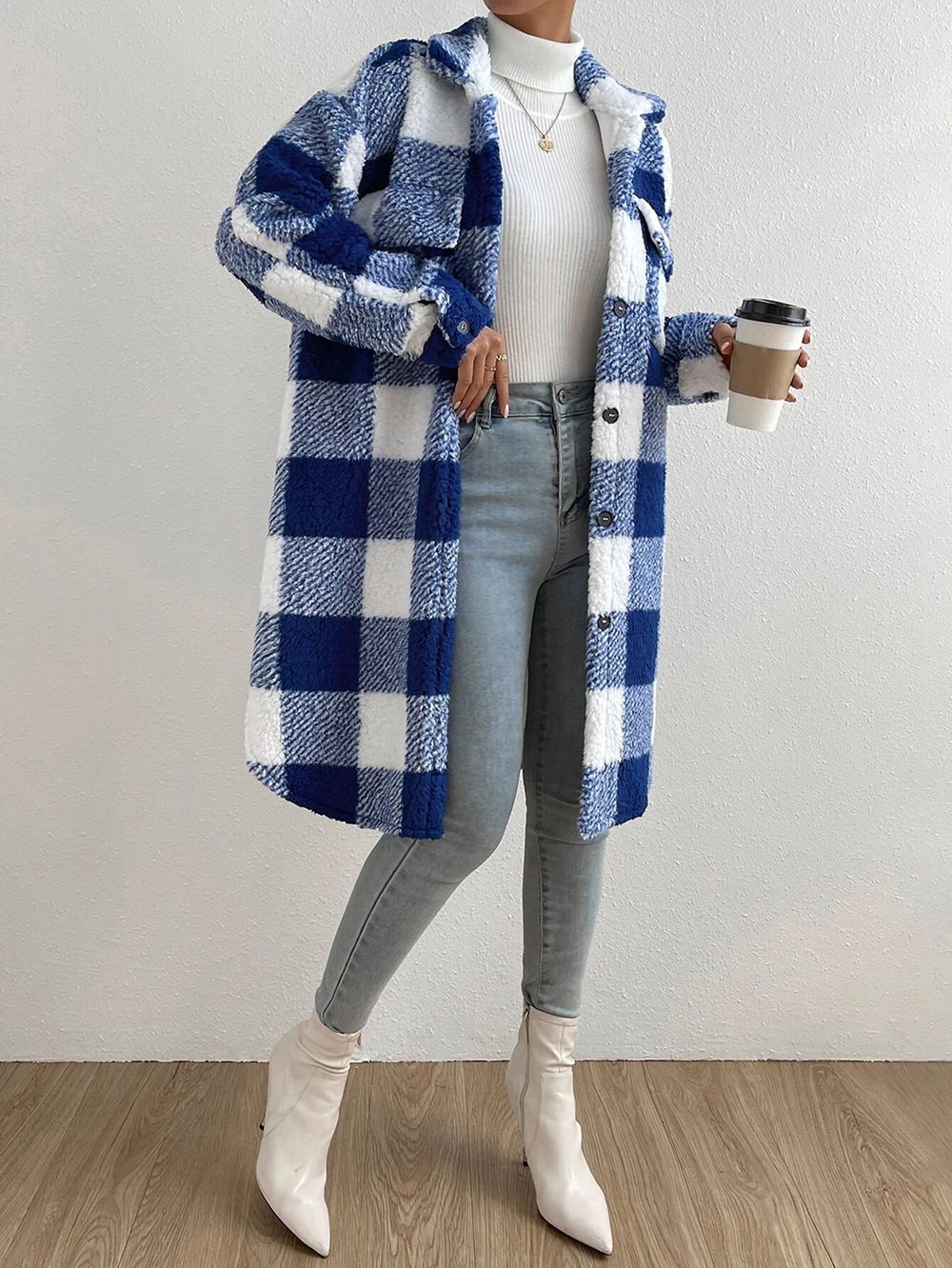 Street Wave Teddy Coat With Pink White Check Pattern Cozy Warm For Women Autumn Essential