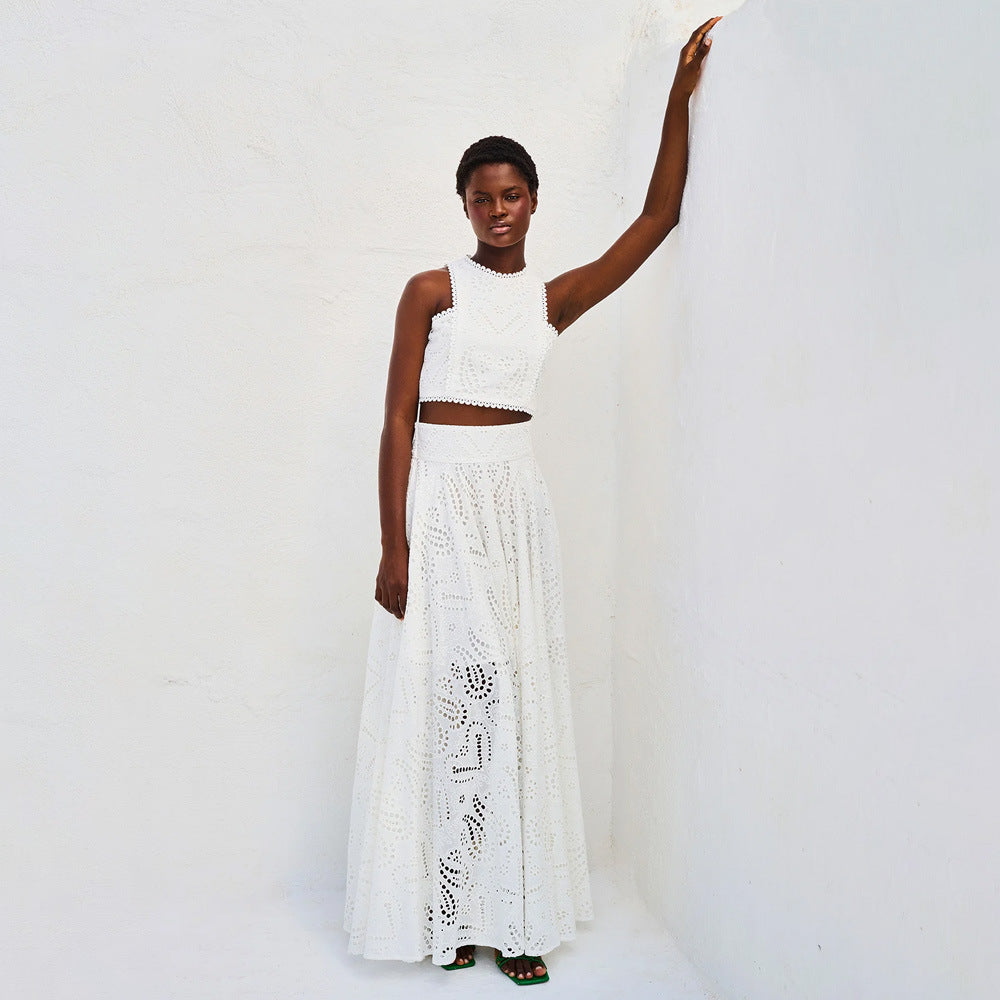 Street Wave Chic Women Broderie Two Piece Set Fitted Cropped Top Flared Skirt