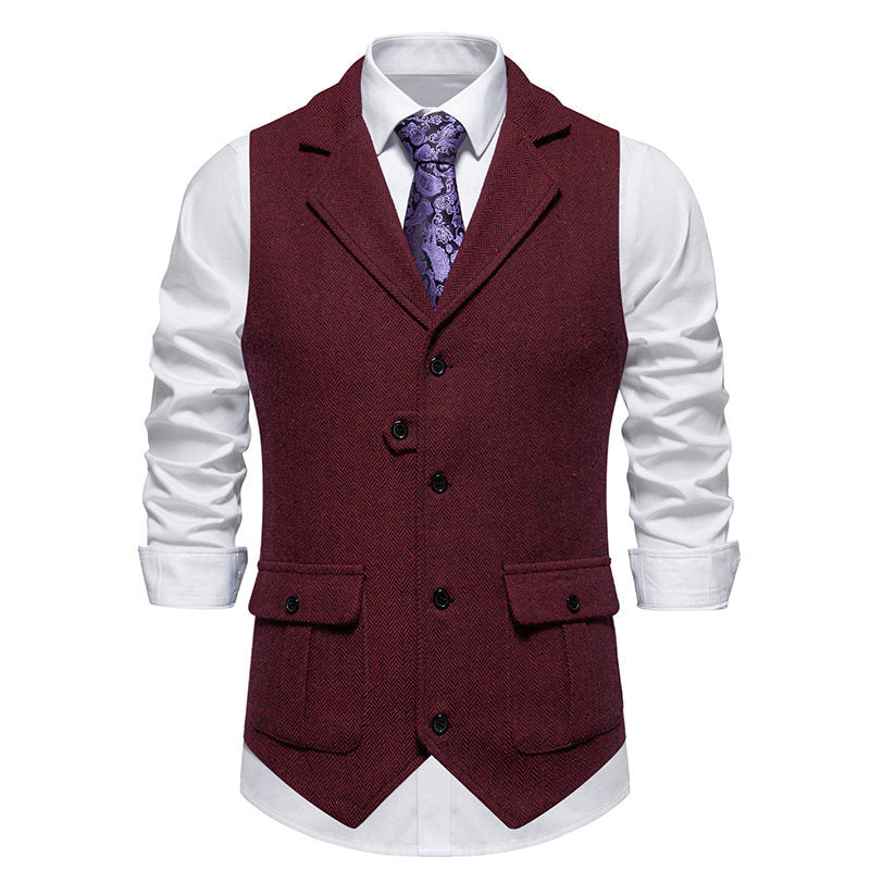 Street Wave Men's Herringbone Suit Vest With Practical Pockets Modern Formal Waistcoat for Gents