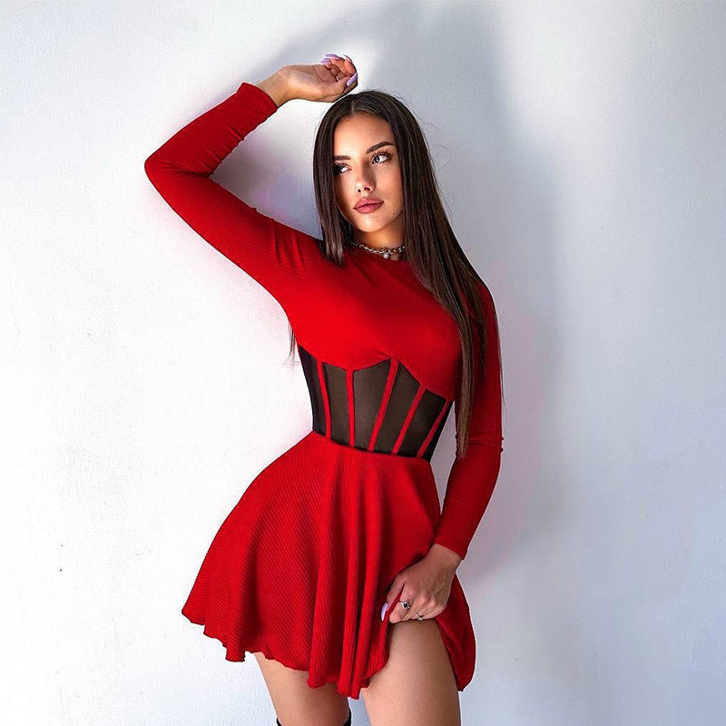 Street Wave Red Mini Dress With Transparent Insets For Women, Elegant Sleek Corset Belt