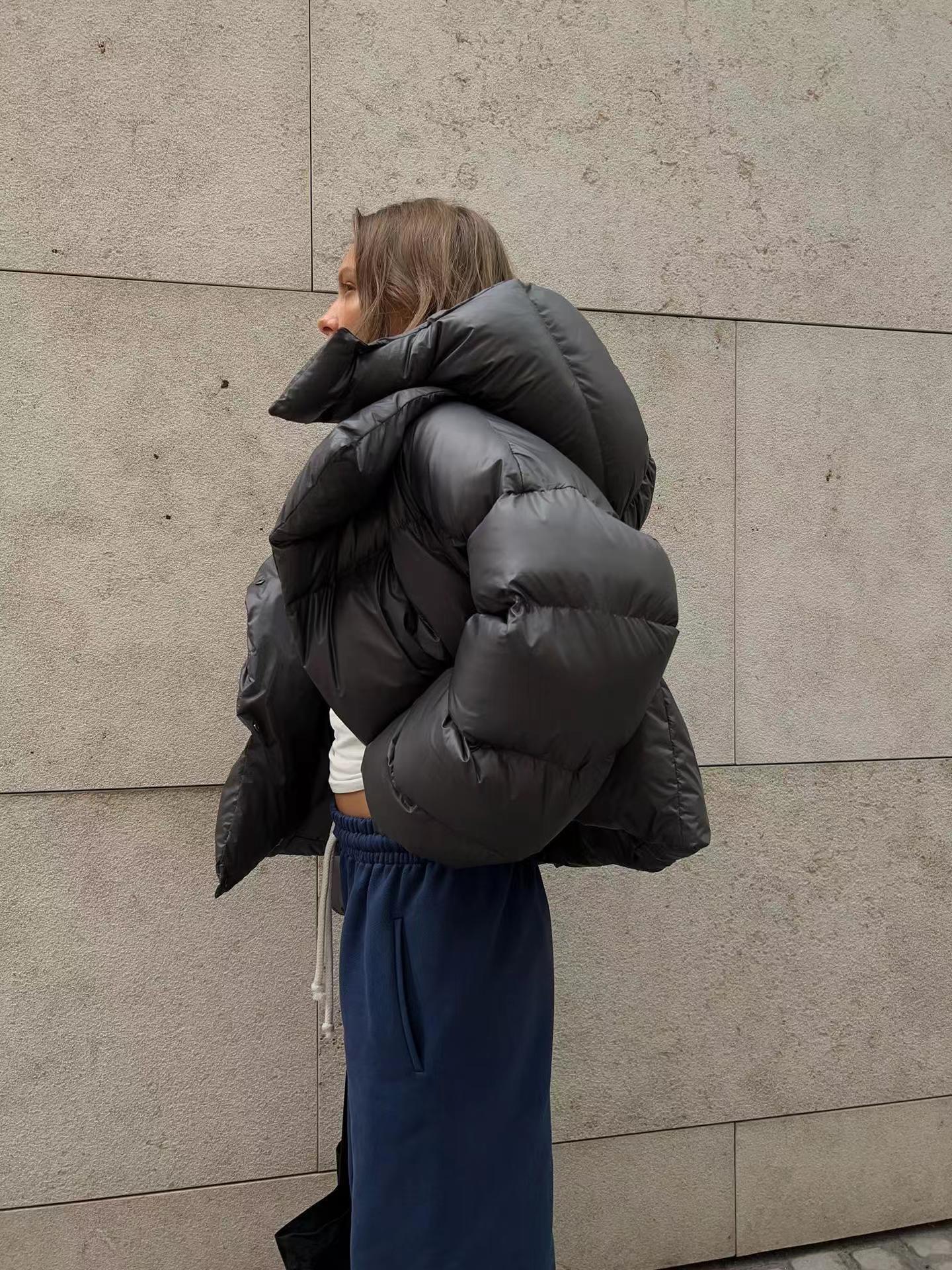Street Wave Women's Oversized Down Jacket With High Collar And Puffy Sleeves For Warm Windproof Comfort