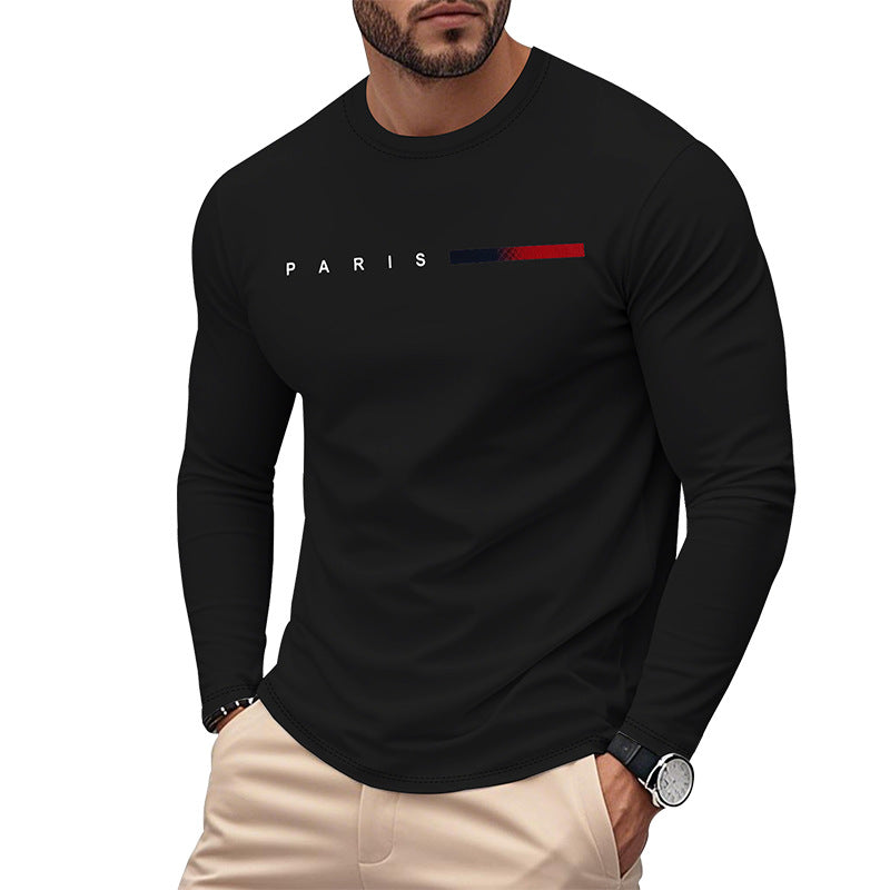 Street Wave Paris Print Long Sleeve Tee For Men With Elastic Hem And Breathable Cotton