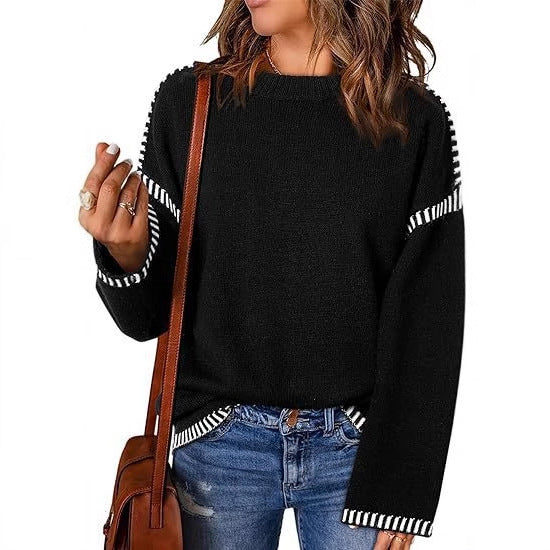 Street-Wave Womens Knit Pullover With Structured Knit And Striped Sleeve Details