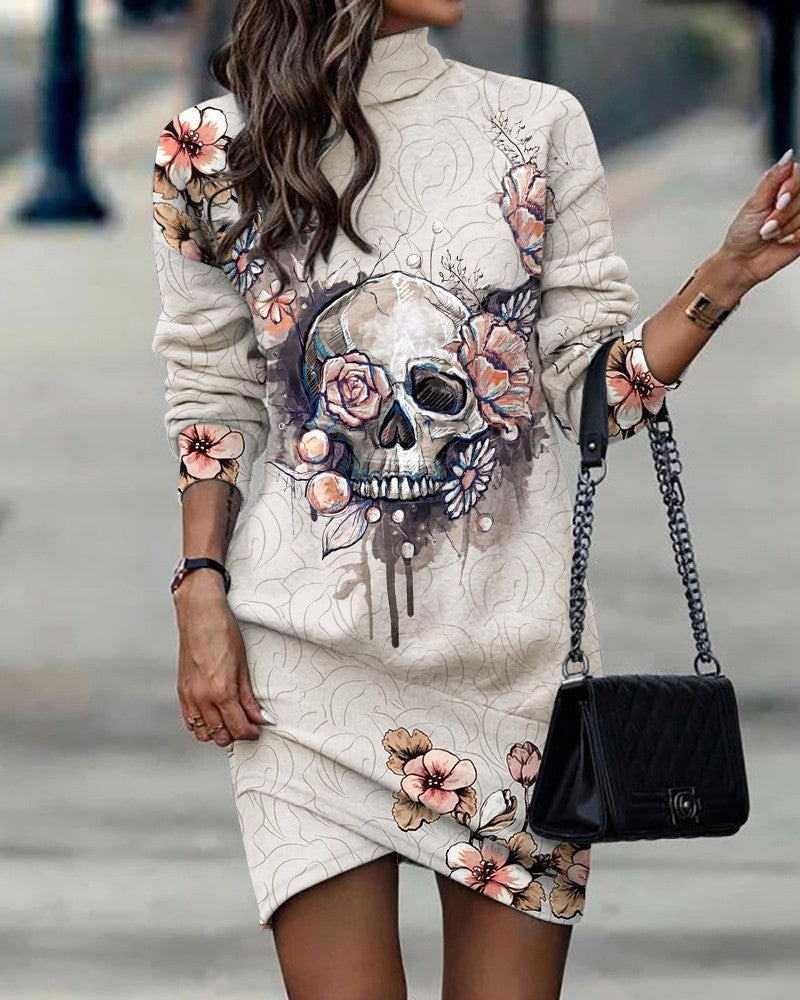 Street-Wave Graphic Skull Sweatshirt Dress With Floral Accents For Women Premium Cotton Blend