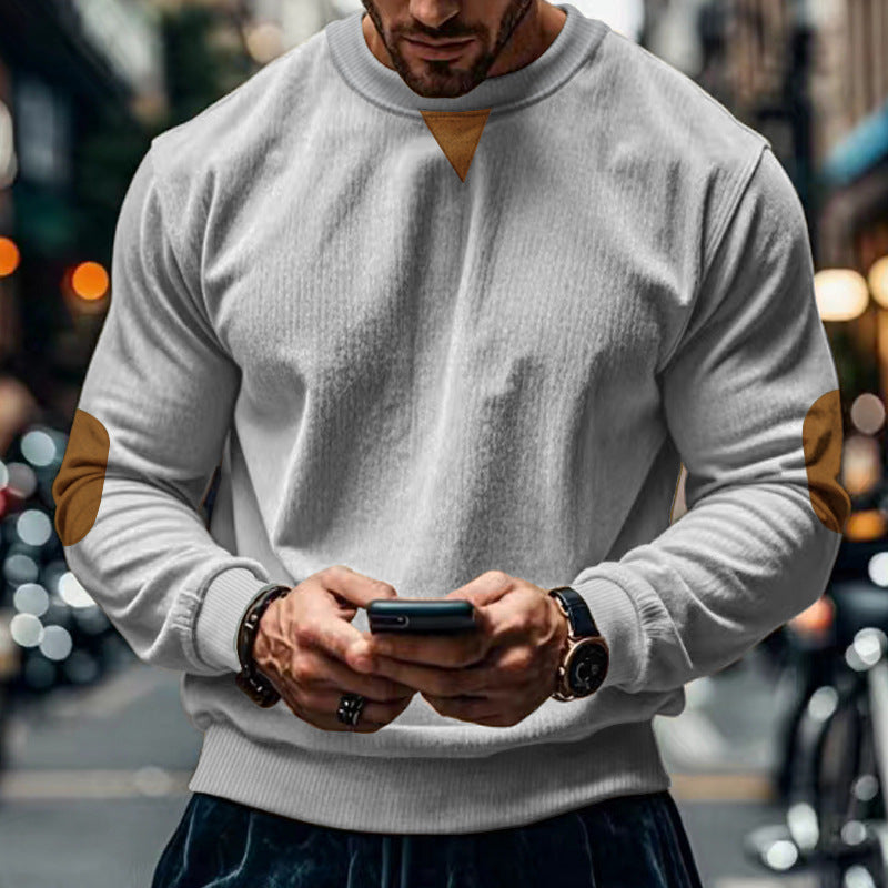 Street-wave Men's Cozy Crewneck Sweater With Elbow Patches For Modern Urban Style And Comfort